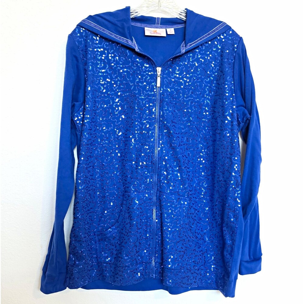 Quacker Factory Blue Sequin Full Zip Hoodie Jacket Womens M Pockets A203829 New